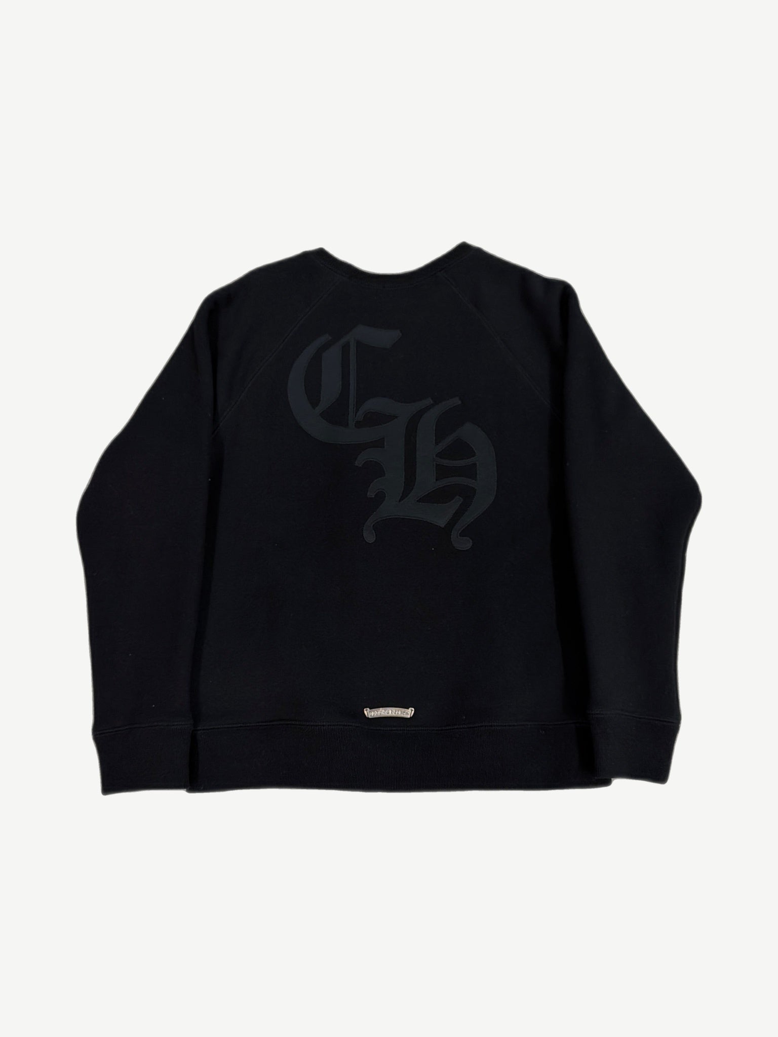 Chrome Hearts black Triple Cross 7/11 crewneck back view with oversized gothic CH back print