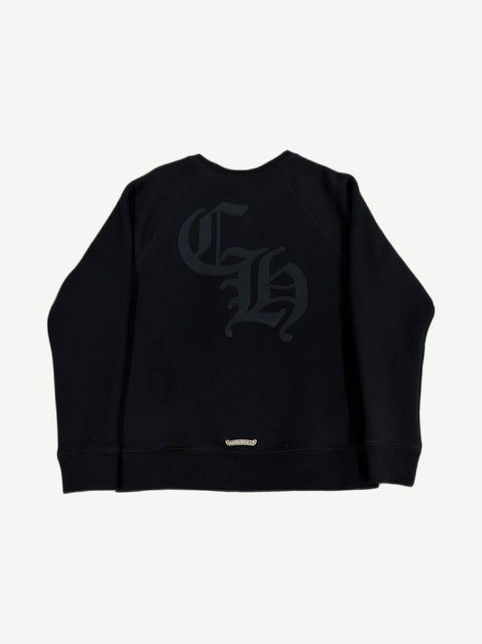 Chrome Hearts black Triple Cross 7/11 crewneck back view with oversized gothic CH back print