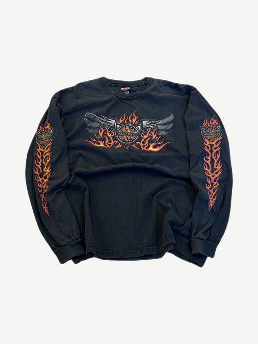 Vintage Harley Davidson black longsleeve with winged motors Arkansas chest graphic and orange flame print.