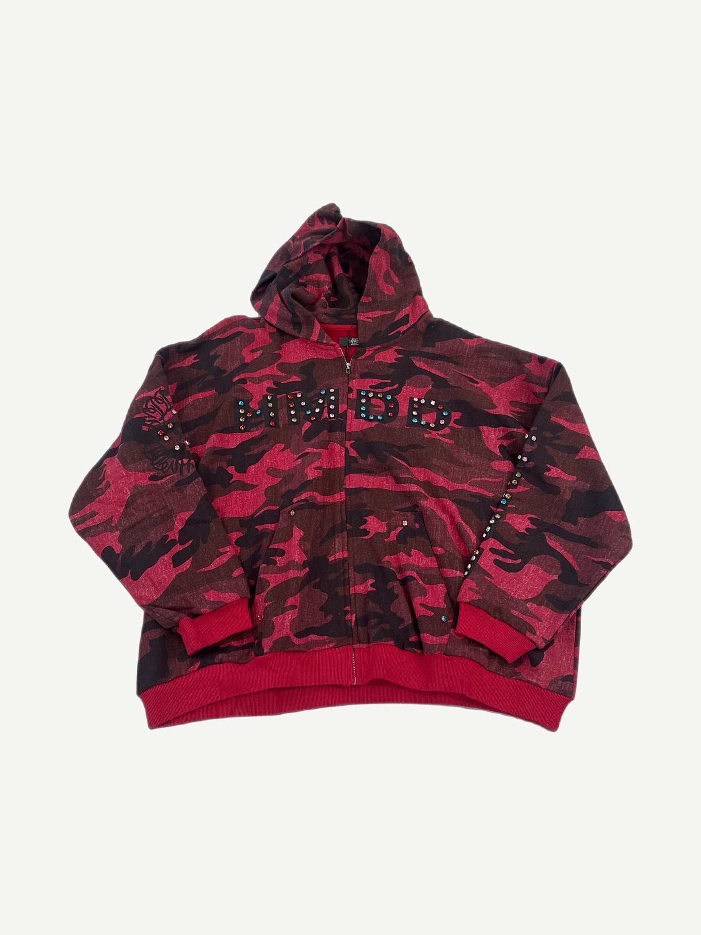 HMDD Chimstone zipup hoodie front view in red camouflage cotton fleece with full zip and kangaroo pockets