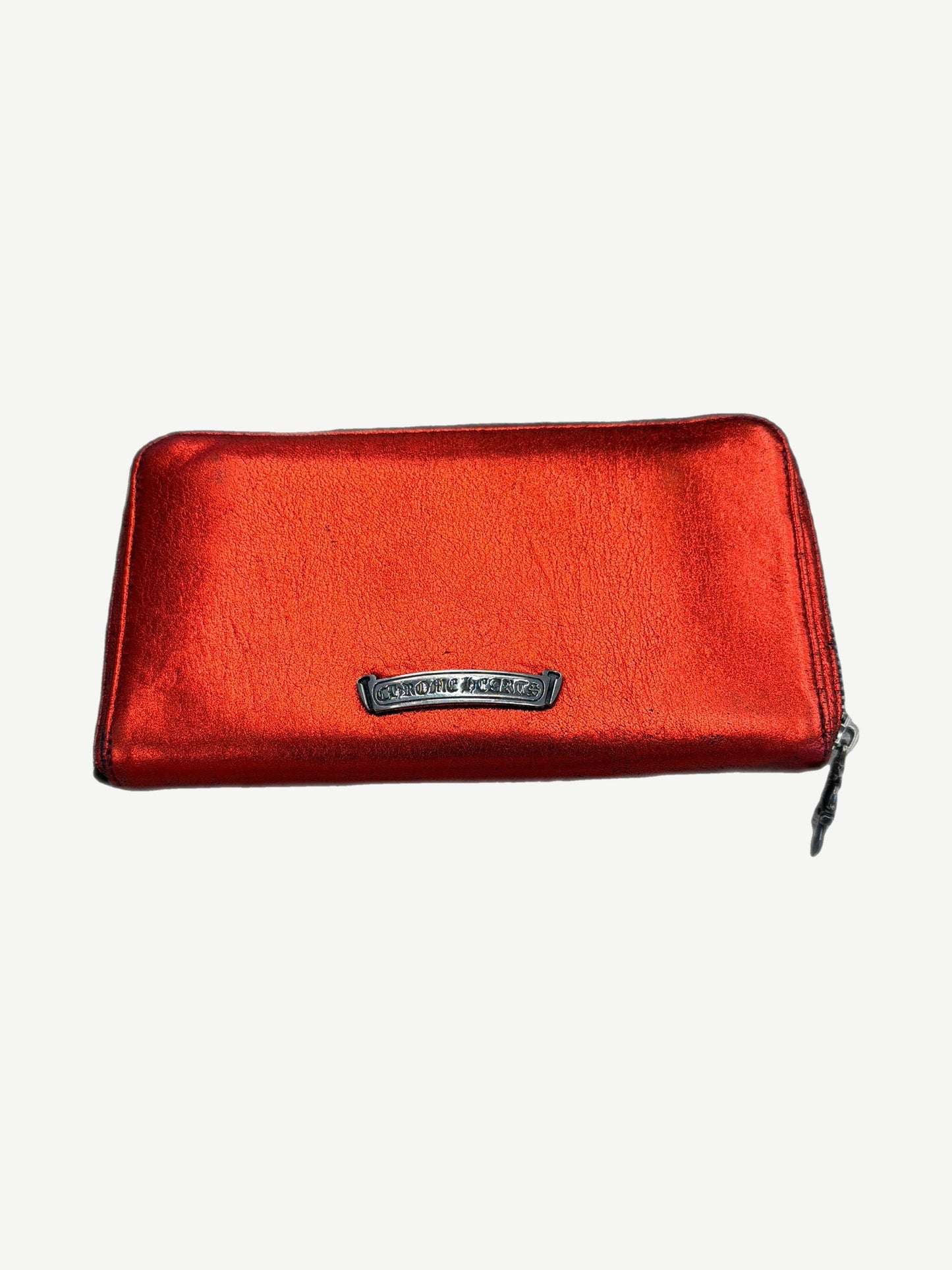 Chrome Hearts red metallic leather long wallet back view with engraved silver Chrome Hearts logo plaque