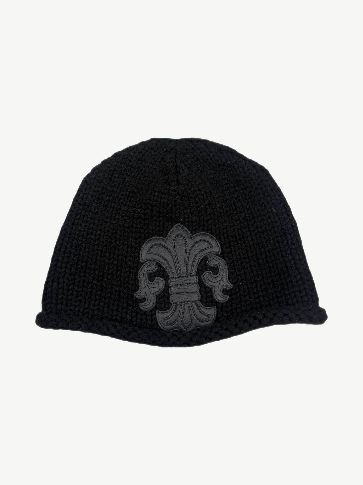 Chrome Hearts black chunky cable-knit cashmere beanie with black leather fleur-de-lis patch