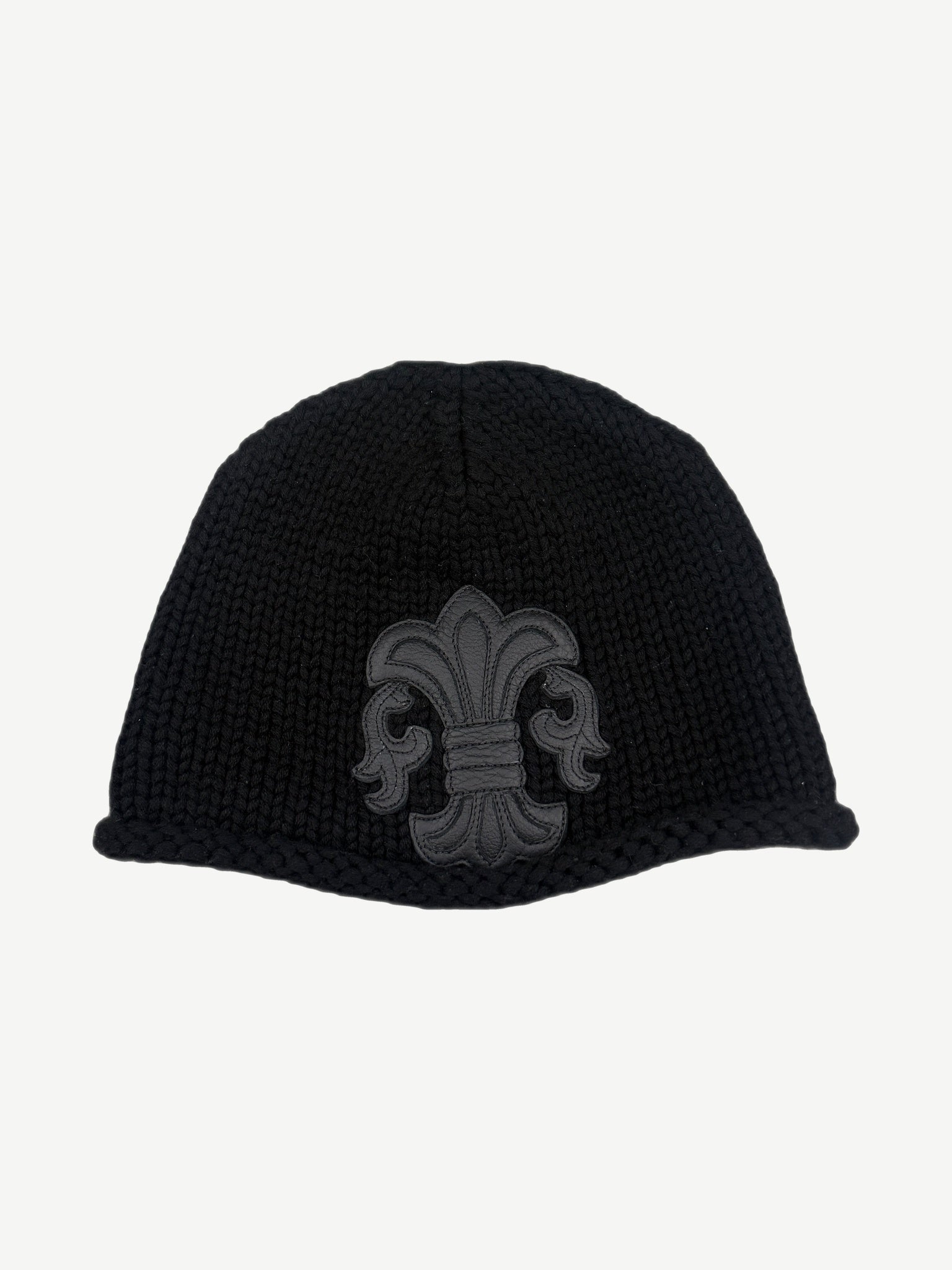 Chrome Hearts black chunky cable-knit cashmere beanie with black leather fleur-de-lis patch