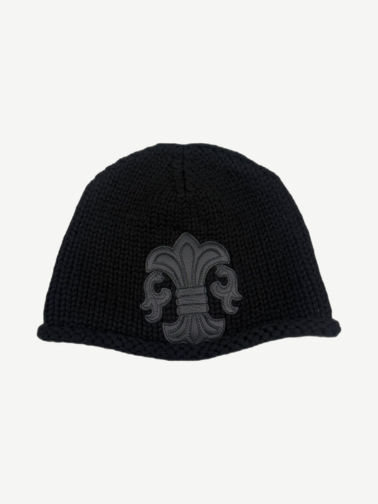Chrome Hearts black chunky cable-knit cashmere beanie with black leather fleur-de-lis patch