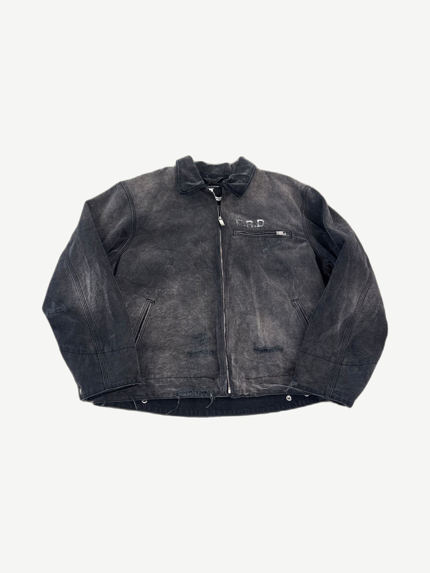 Enfants Riches Deprimes distressed black work jacket with E.R.D chest embroidery and raw button placket.