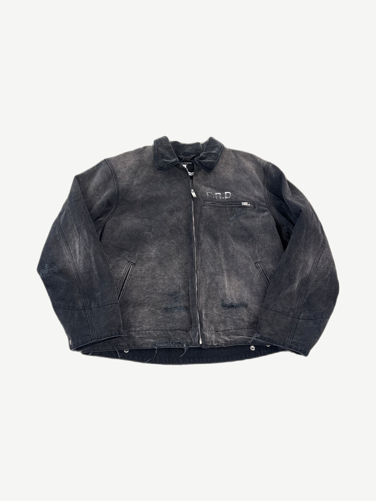 Enfants Riches Deprimes distressed black work jacket with E.R.D chest embroidery and raw button placket.
