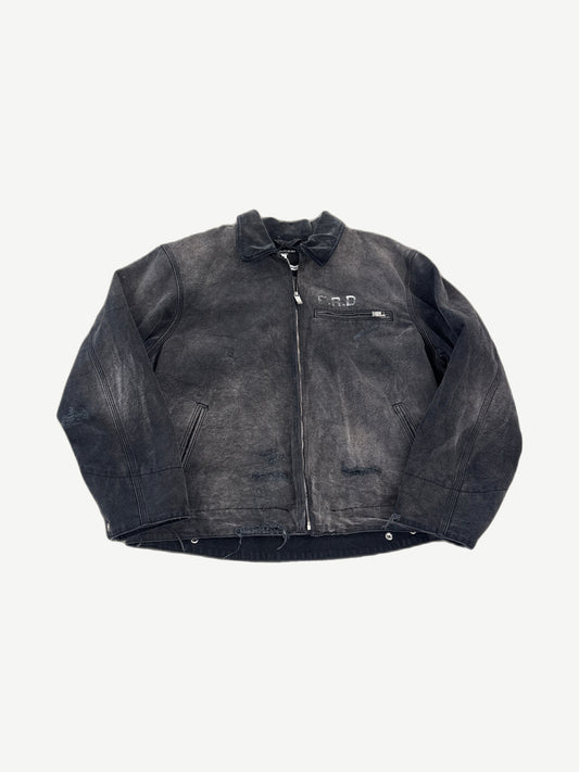 Enfants Riches Deprimes distressed black work jacket with E.R.D chest embroidery and raw button placket.