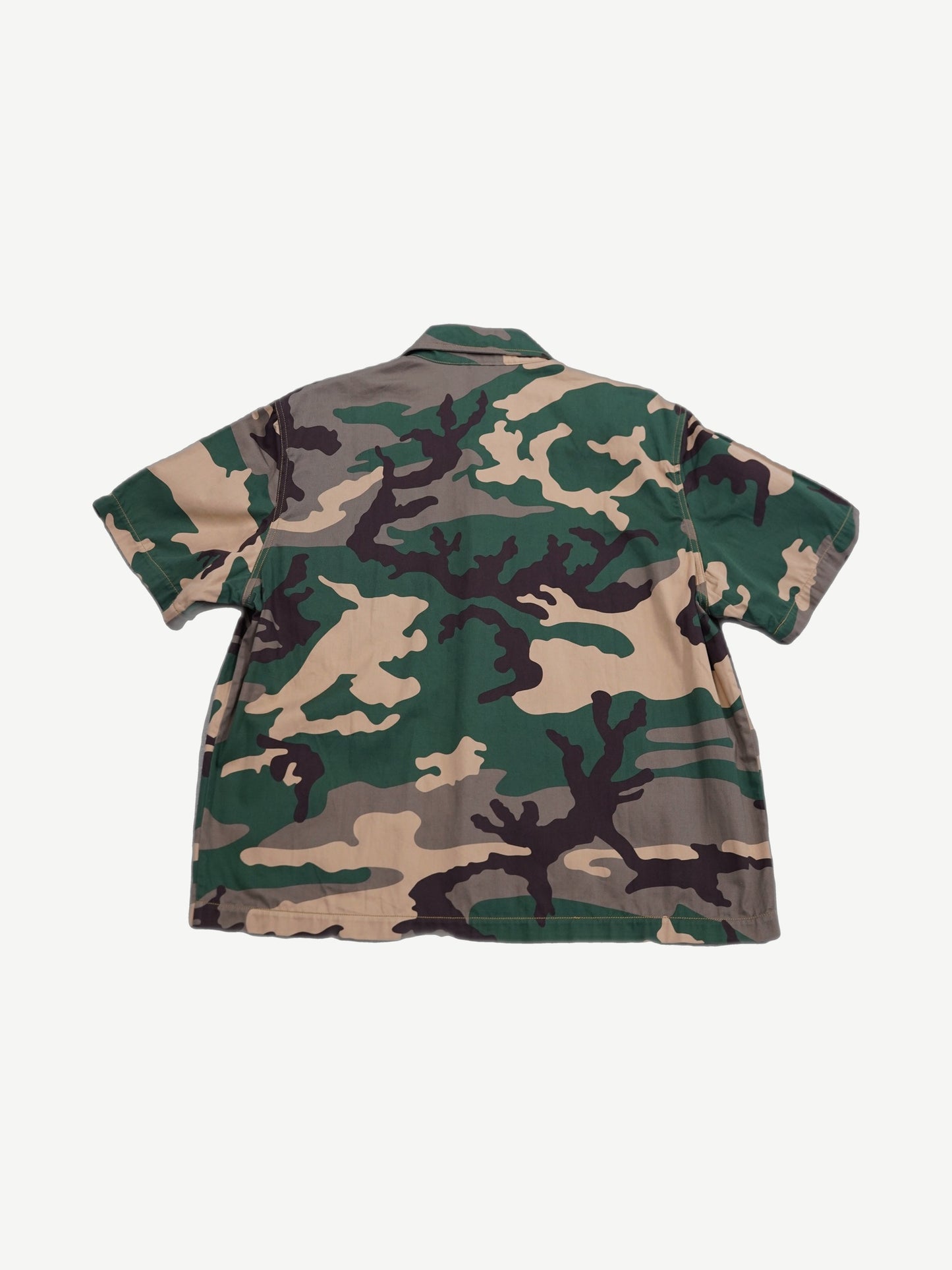 Chrome Hearts Matty Boy Sex Records camo shirt back view with Old English script print on green camouflage.