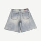 HMDD Billie Jean crystal denim shorts back with I Heart Chim tan leather patch and rhinestone wash.