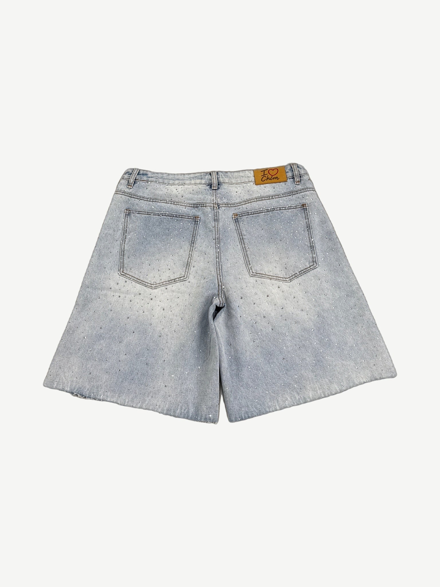 HMDD Billie Jean crystal denim shorts back with I Heart Chim tan leather patch and rhinestone wash.