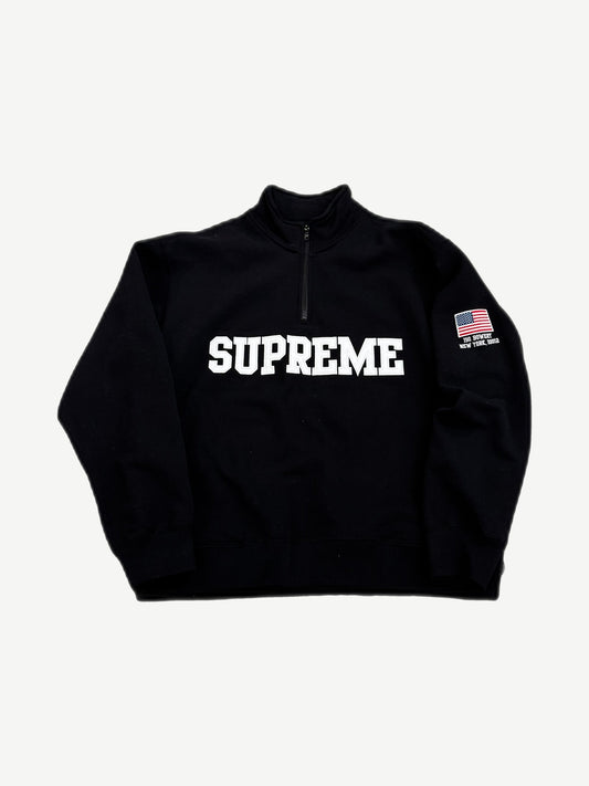 Supreme black half-zip pullover with white varsity text, US flag and Bowery patch on chest