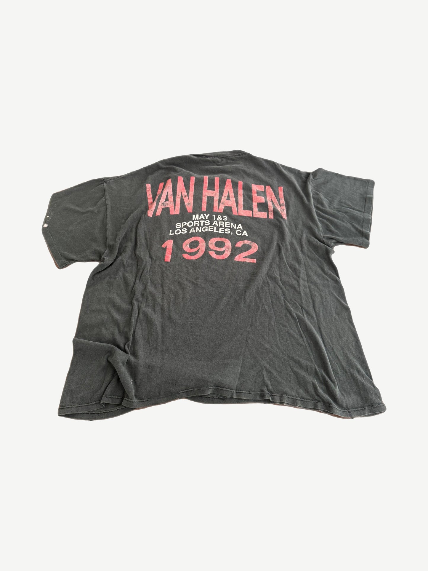 Vintage Van Halen 1992 tee back, faded black with red Van Halen Sports Arena Los Angeles tour date print.