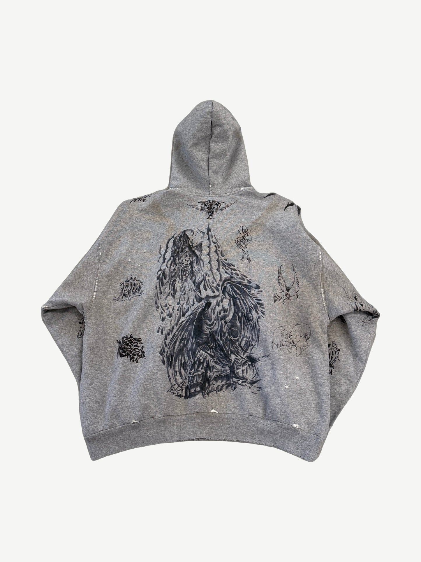 Back of Balenciaga gray tattoo hoodie showing large central angel print and scattered tattoo-style graphics