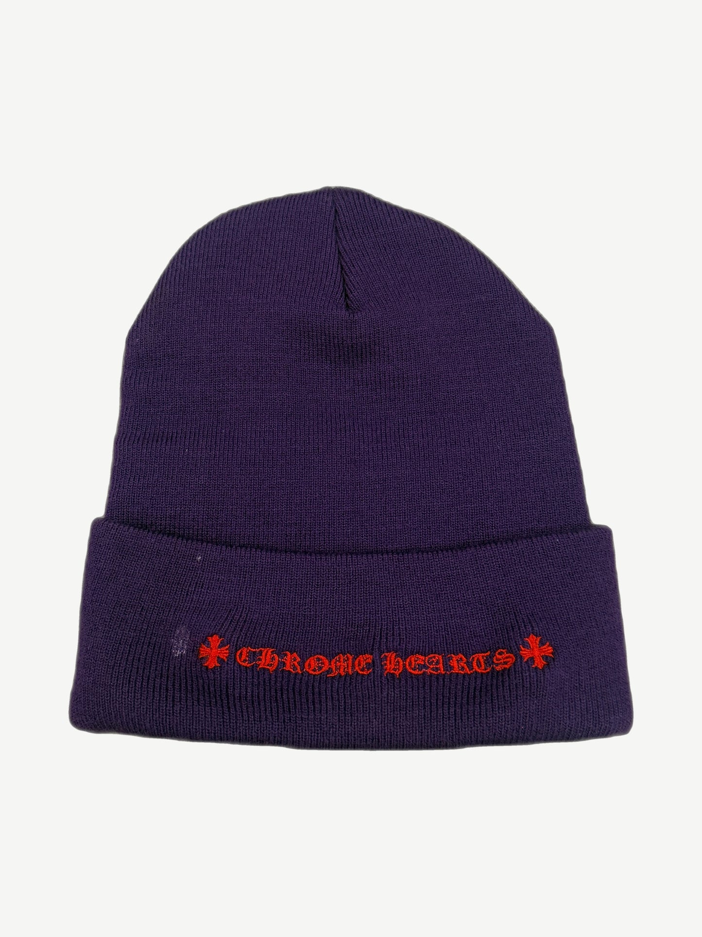 Back of Chrome Hearts purple beanie showing red Old English Chrome Hearts script embroidery on cuff