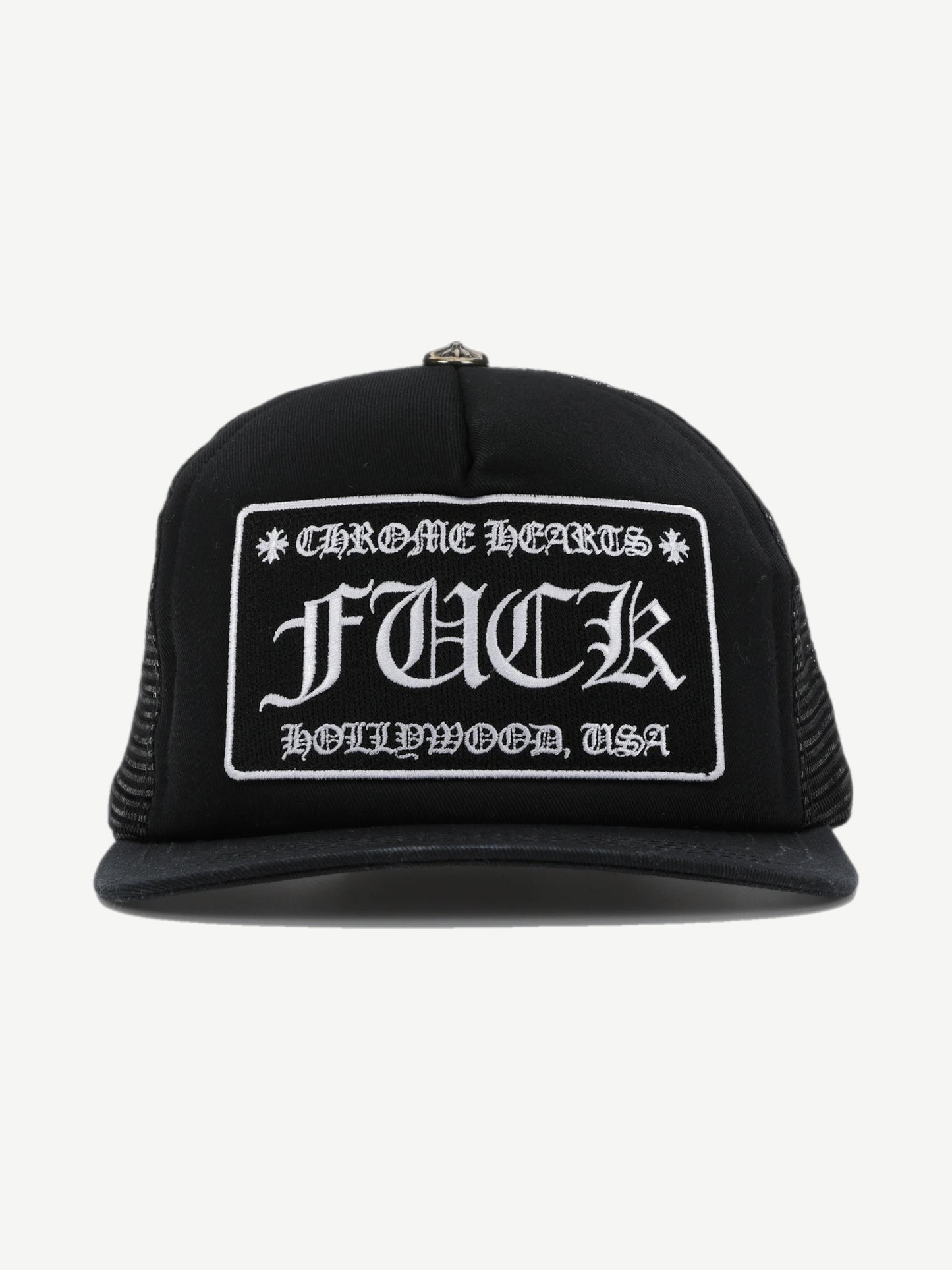 Chrome Hearts black trucker hat with Fuck Hollywood USA embroidered patch and silver cross button on crown
