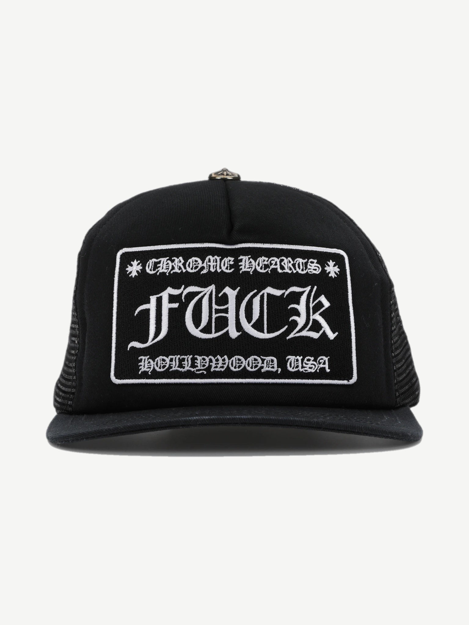 Chrome Hearts black trucker hat with Fuck Hollywood USA embroidered patch and silver cross button on crown