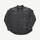 Chrome Hearts grey plaid western flannel shirt front with leather cross patch and silver snap buttons