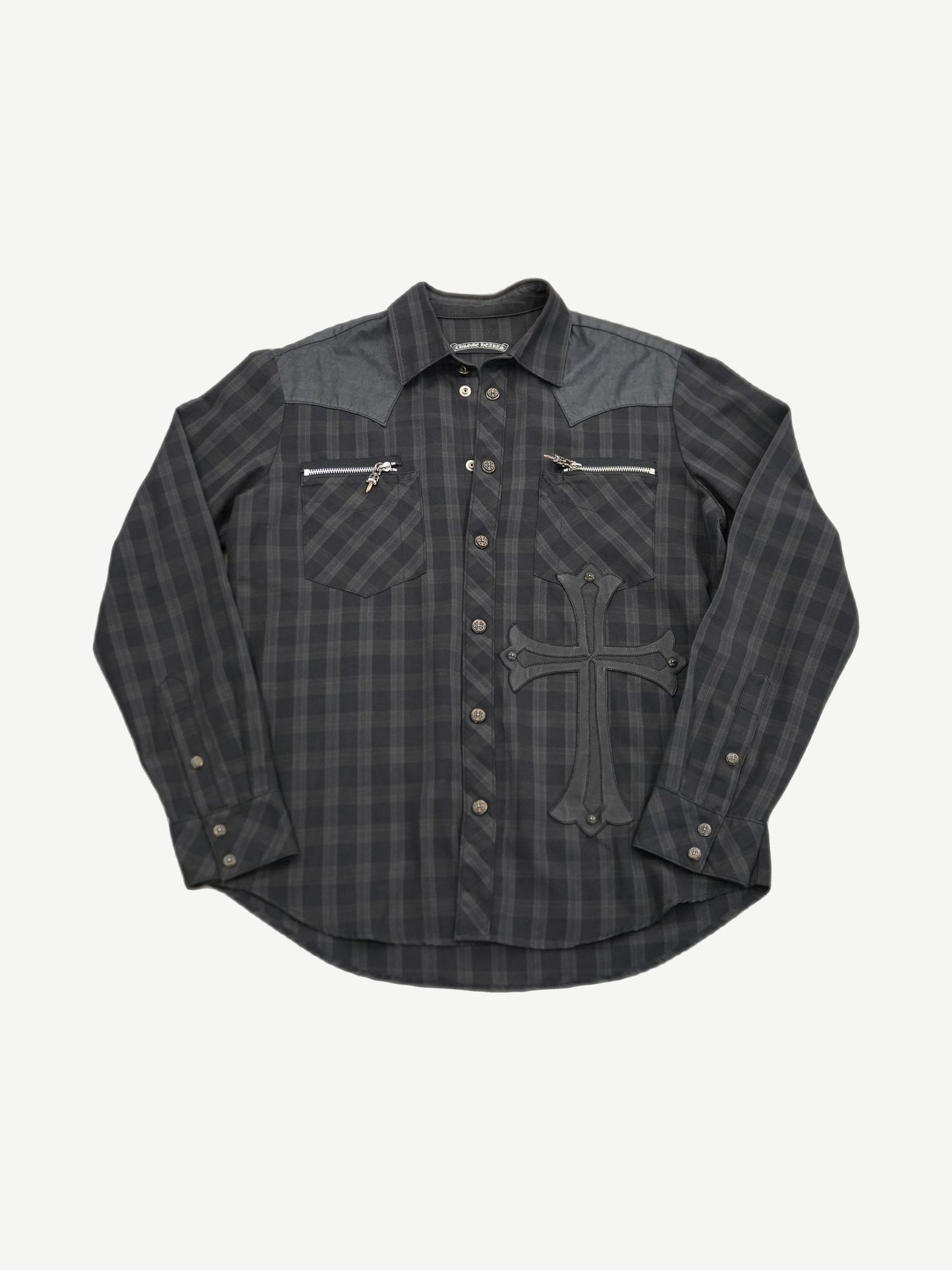 Chrome Hearts grey plaid western flannel shirt front with leather cross patch and silver snap buttons