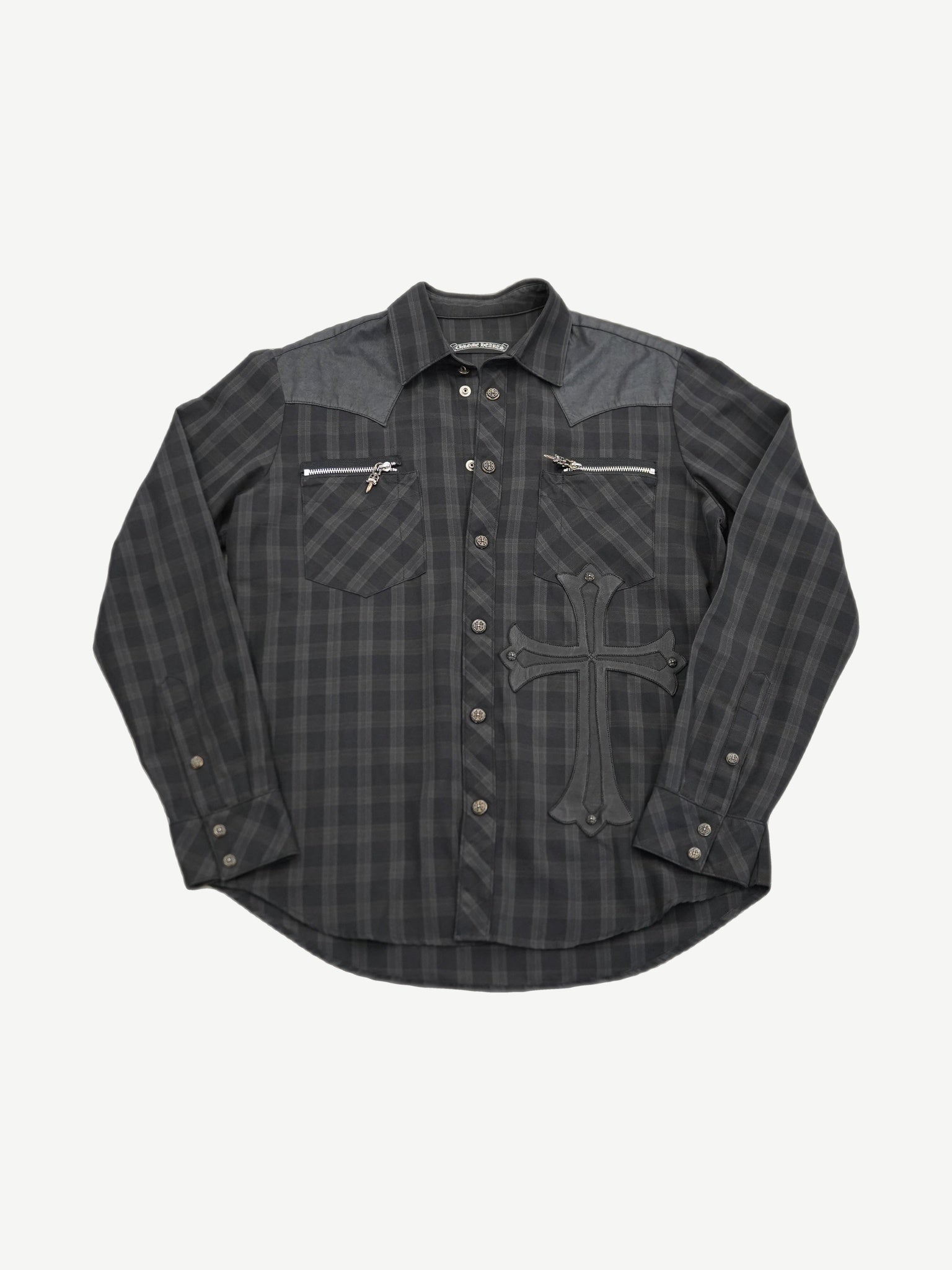 Chrome Hearts grey plaid western flannel shirt front with leather cross patch and silver snap buttons