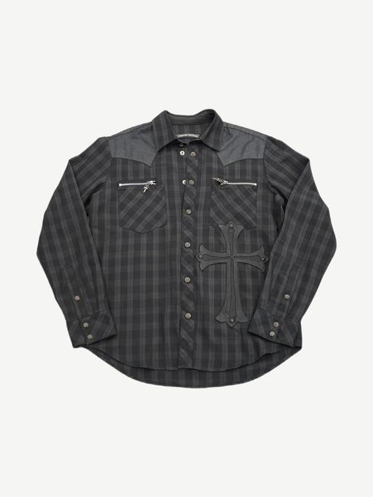 Chrome Hearts grey plaid western flannel shirt front with leather cross patch and silver snap buttons