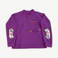 Chrome Hearts Matty Boy purple I Want More long sleeve polo with cross patches and ribbed collar placket.
