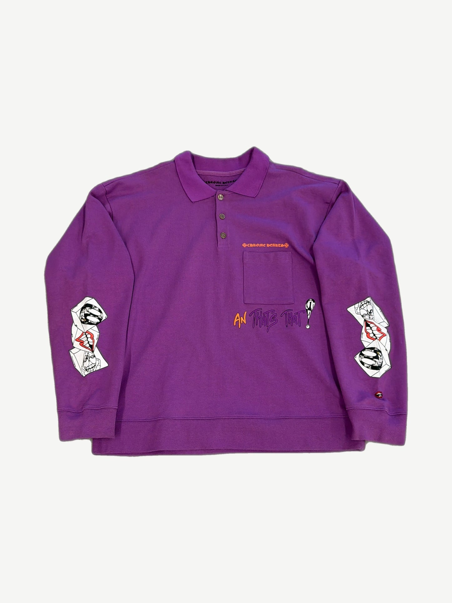 Chrome Hearts Matty Boy purple I Want More long sleeve polo with cross patches and ribbed collar placket.