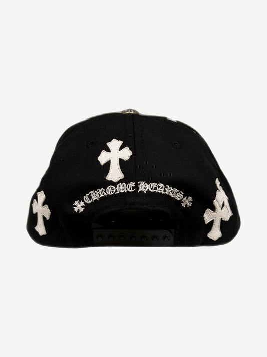 Chrome Hearts gray baseball cap side angle, black panels and embroidered CH cross patch detail