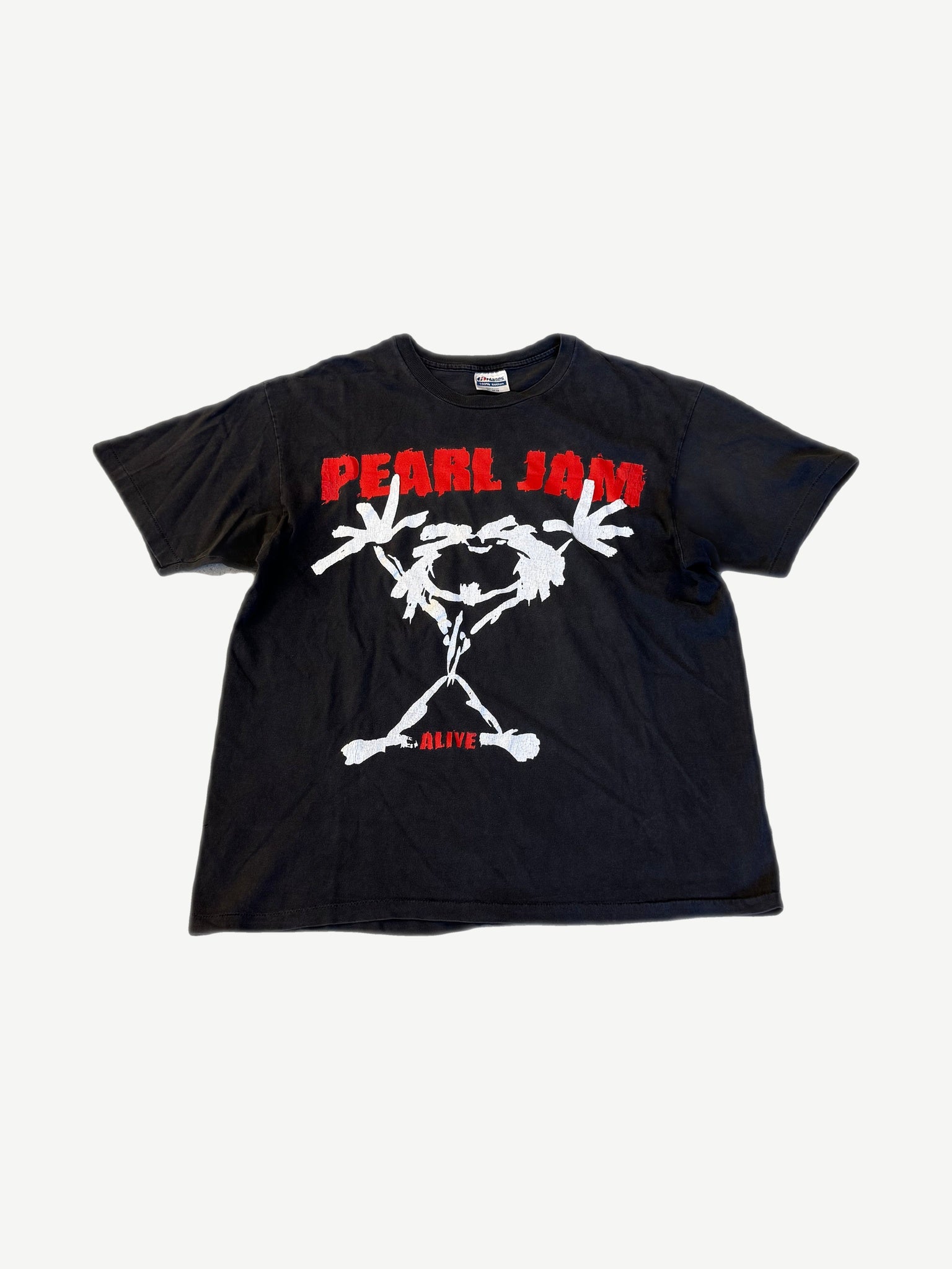 Vintage Pearl Jam Alive faded black tee with white stickman graphic and red Pearl Jam band logo
