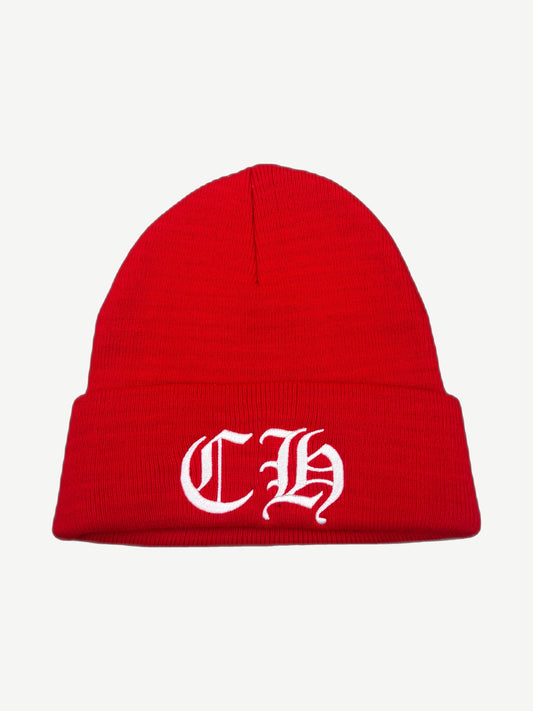 Chrome Hearts red ribbed knit cuffed beanie with white Old English CH embroidered logo on cuff.