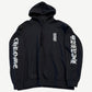 Chrome Hearts black hoodie with vertical white CHROME HEARTS gothic logo down sleeve and chest.