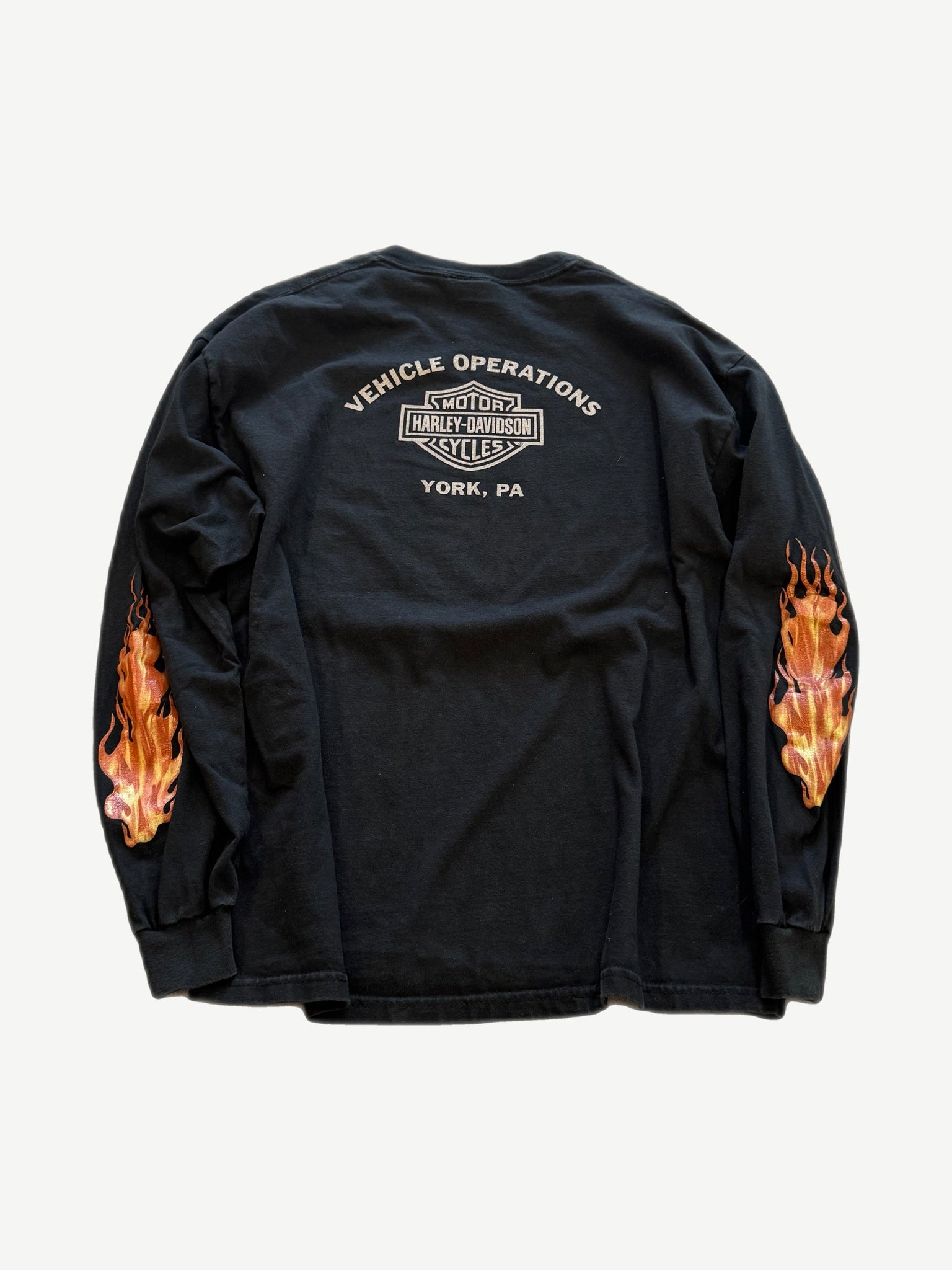Vintage Harley Davidson York PA longsleeve back view with Vehicle Operations logo and flame sleeve prints.