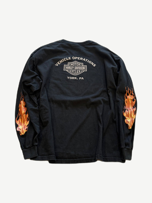 Vintage Harley Davidson York PA longsleeve back view with Vehicle Operations logo and flame sleeve prints.