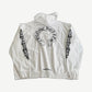 Chrome Hearts white cotton hoodie back with large black horseshoe logo and black floral cross sleeve prints