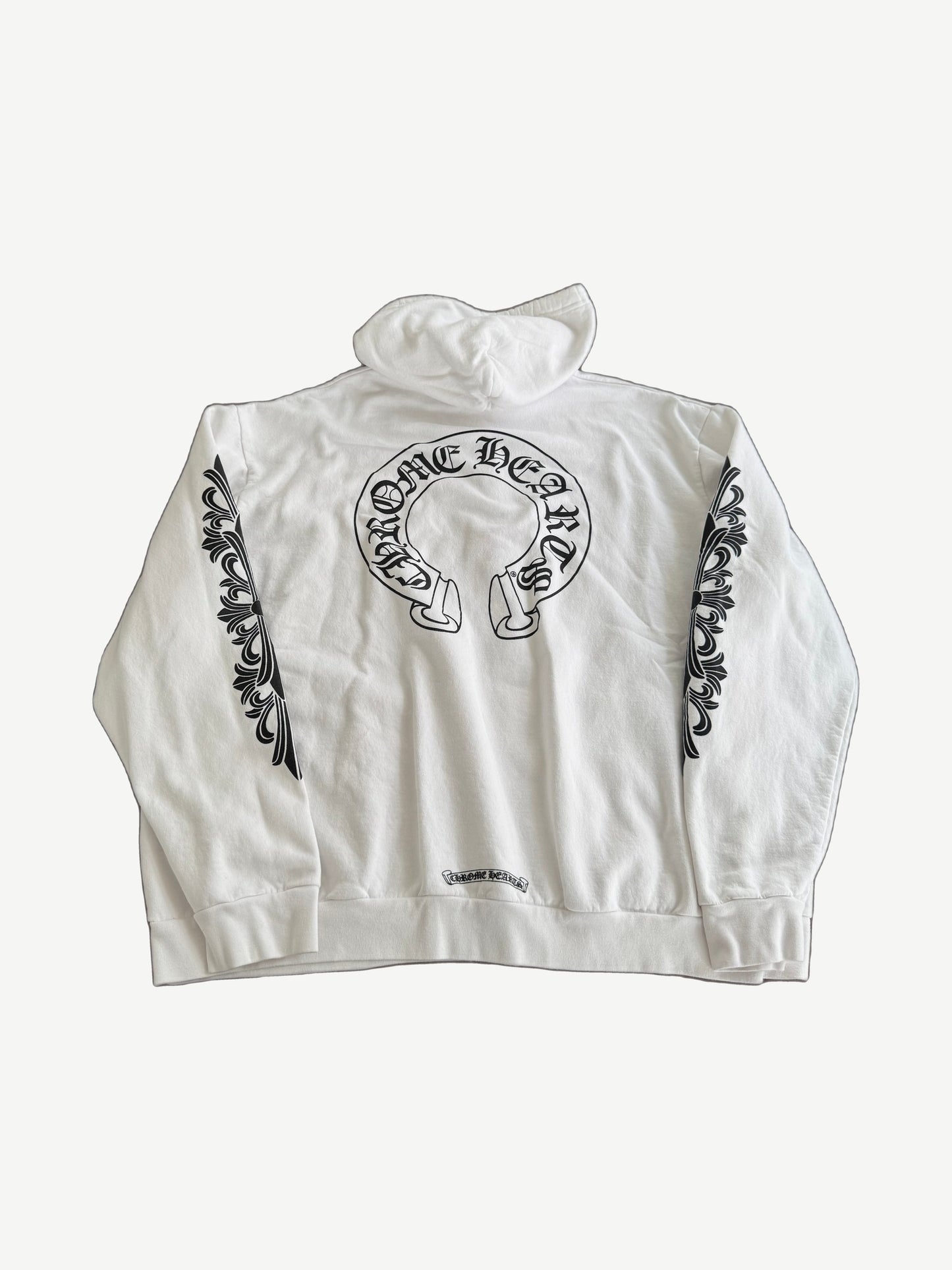 Chrome Hearts white cotton hoodie back with large black horseshoe logo and black floral cross sleeve prints