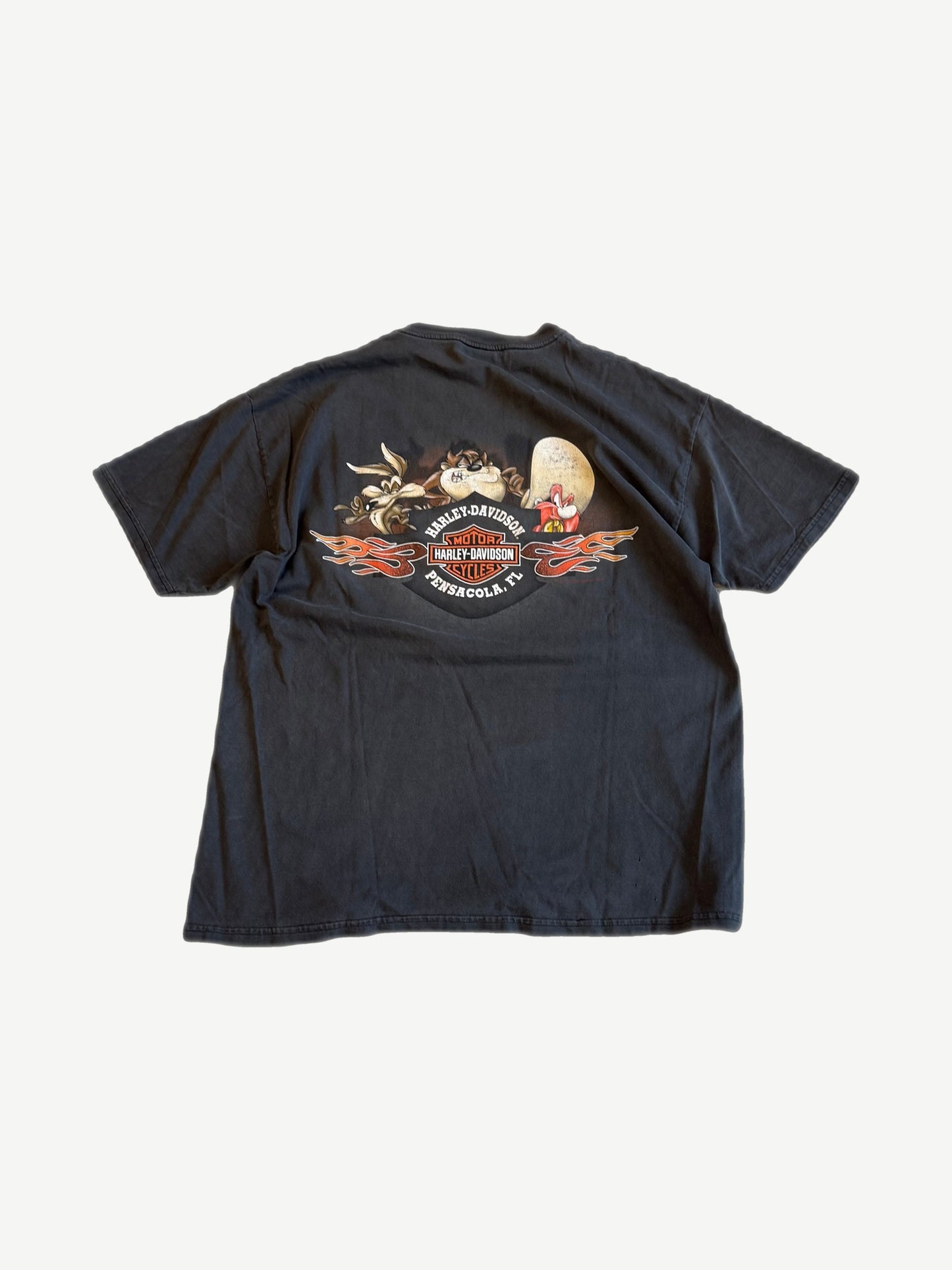 Vintage Harley Looney Tunes tee back with Wile E Coyote, Taz and Yosemite Sam Pensacola FL flame logo