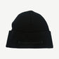 Chrome Hearts black knit beanie back view with tonal Chrome Hearts gothic script and cross daggers along cuff.