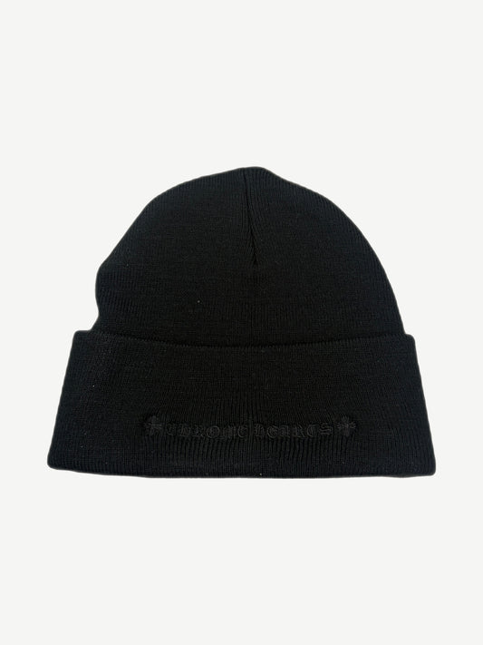 Chrome Hearts black knit beanie back view with tonal Chrome Hearts gothic script and cross daggers along cuff.