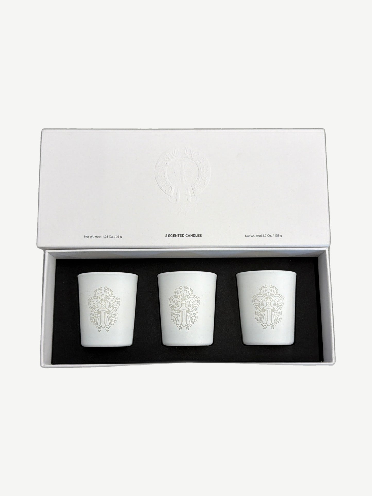 Chrome Hearts 22 scented candle gift set with three 35g white ceramic candles in embossed presentation box.