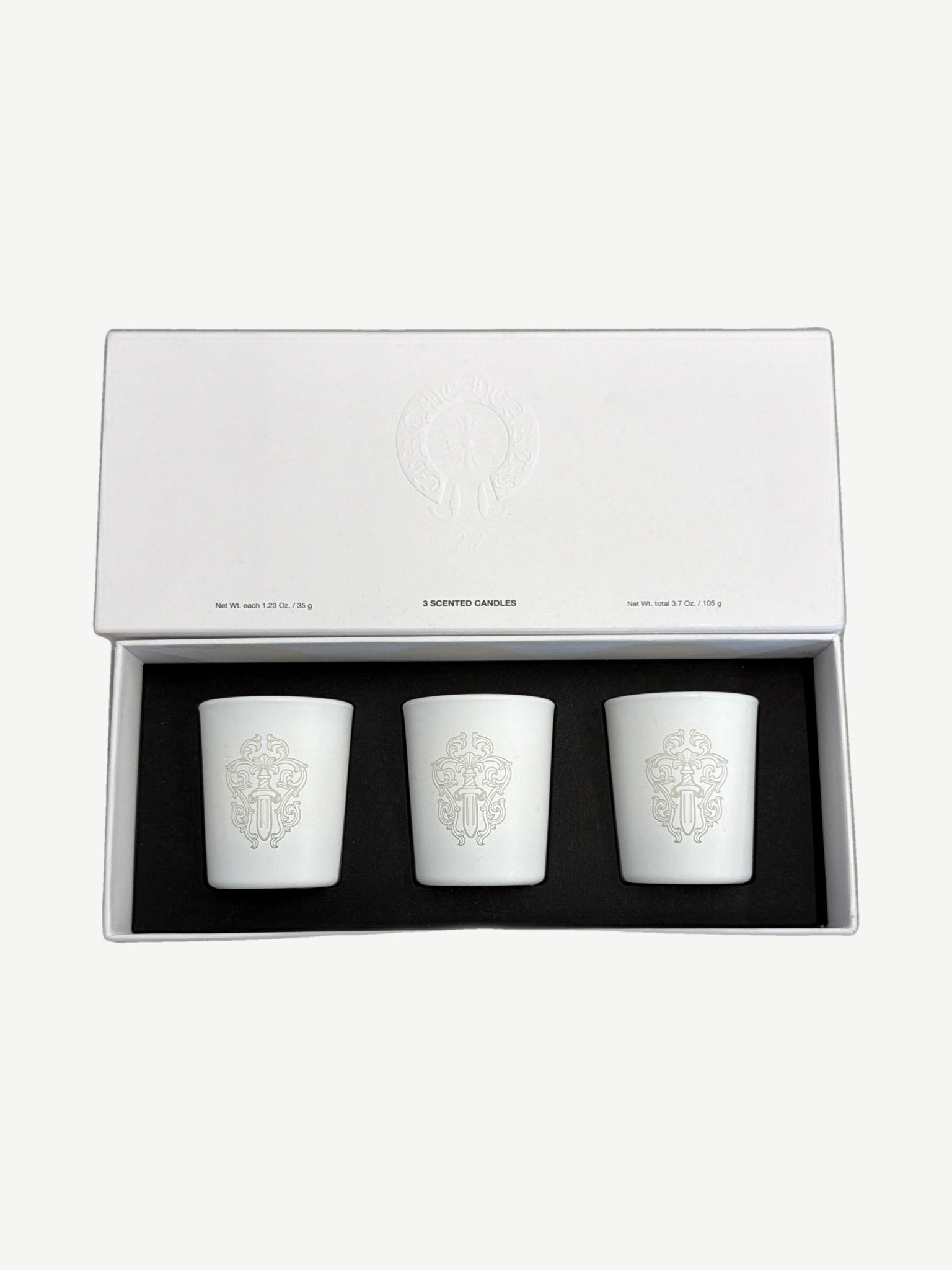 Chrome Hearts 22 scented candle gift set with three 35g white ceramic candles in embossed presentation box.