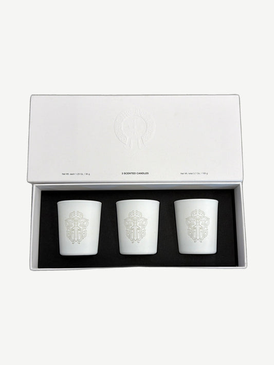 Chrome Hearts 22 scented candle gift set with three 35g white ceramic candles in embossed presentation box.