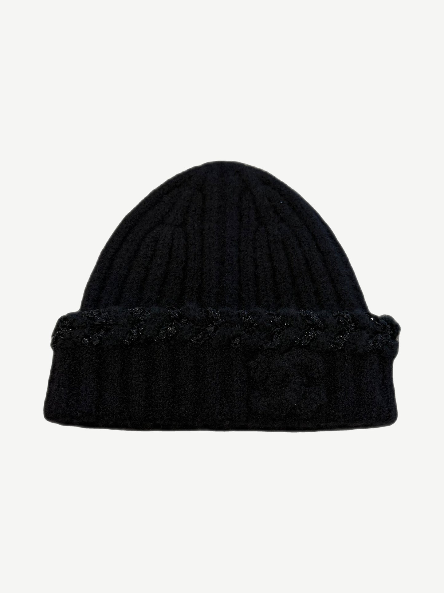 Black Chanel cashmere ribbed beanie with tonal embossed interlocking CC logo and sequin shimmer detail.
