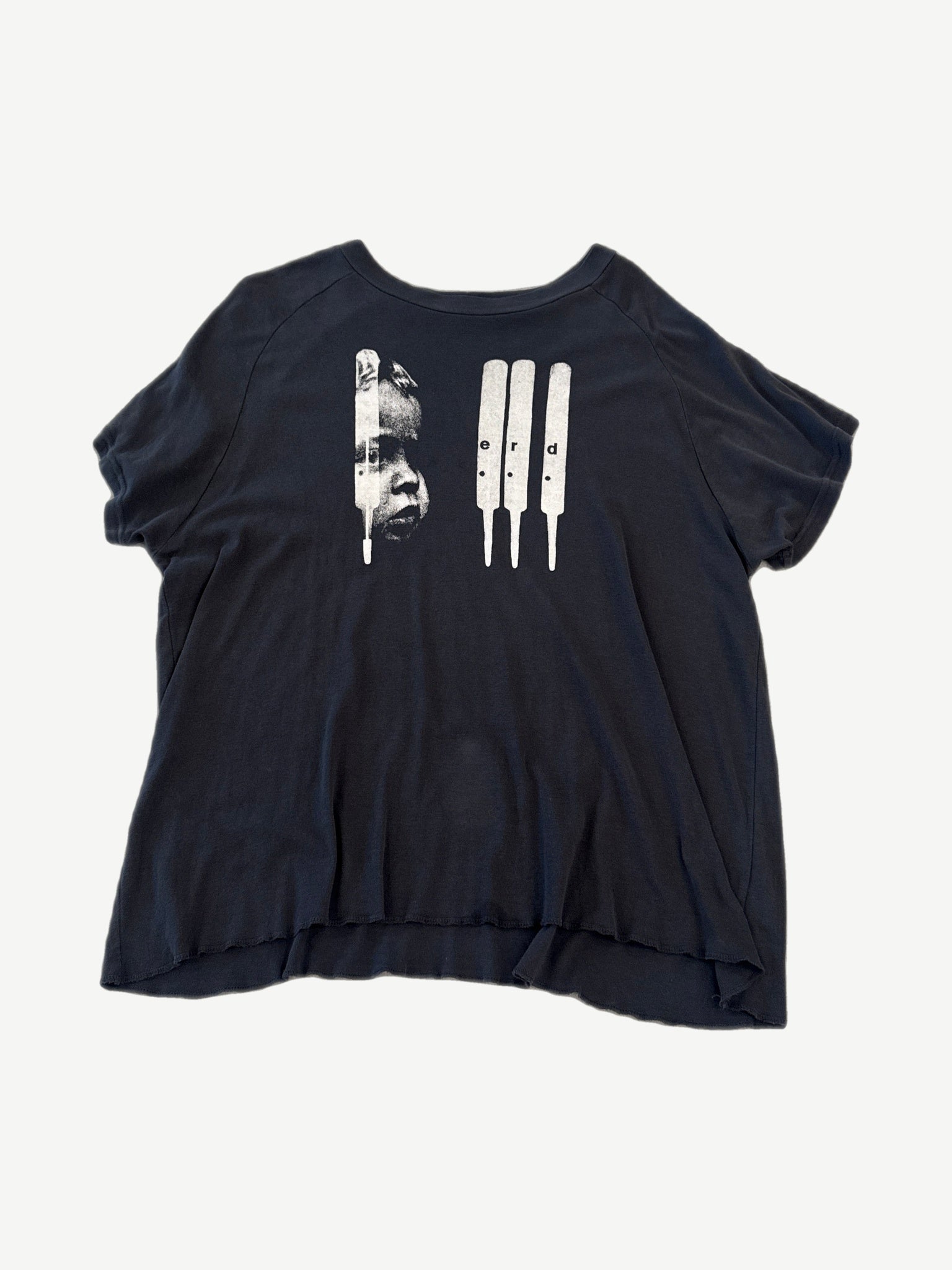 Enfants Riches Deprimes ERD raglan baby tee in faded black with portrait and tribal flag screen-print graphic