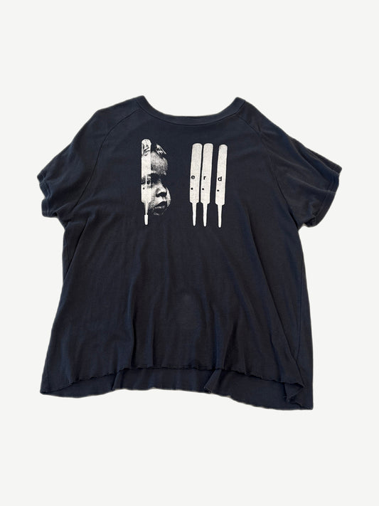 Enfants Riches Deprimes ERD raglan baby tee in faded black with portrait and tribal flag screen-print graphic