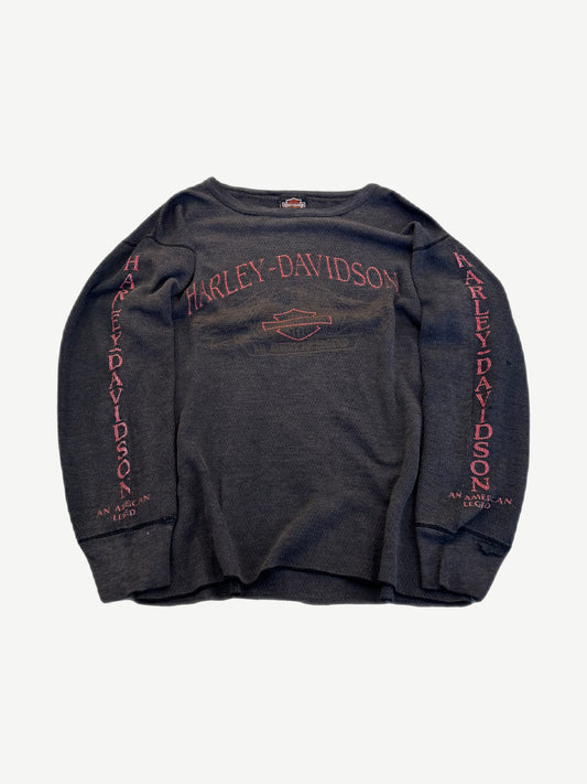 Vintage Harley Davidson black thermal waffle longsleeve front with American Legend chest print logo.