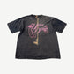 Vintage Harley Davidson Rose and Feathers tee in faded black with pink script logo and rose graphic.