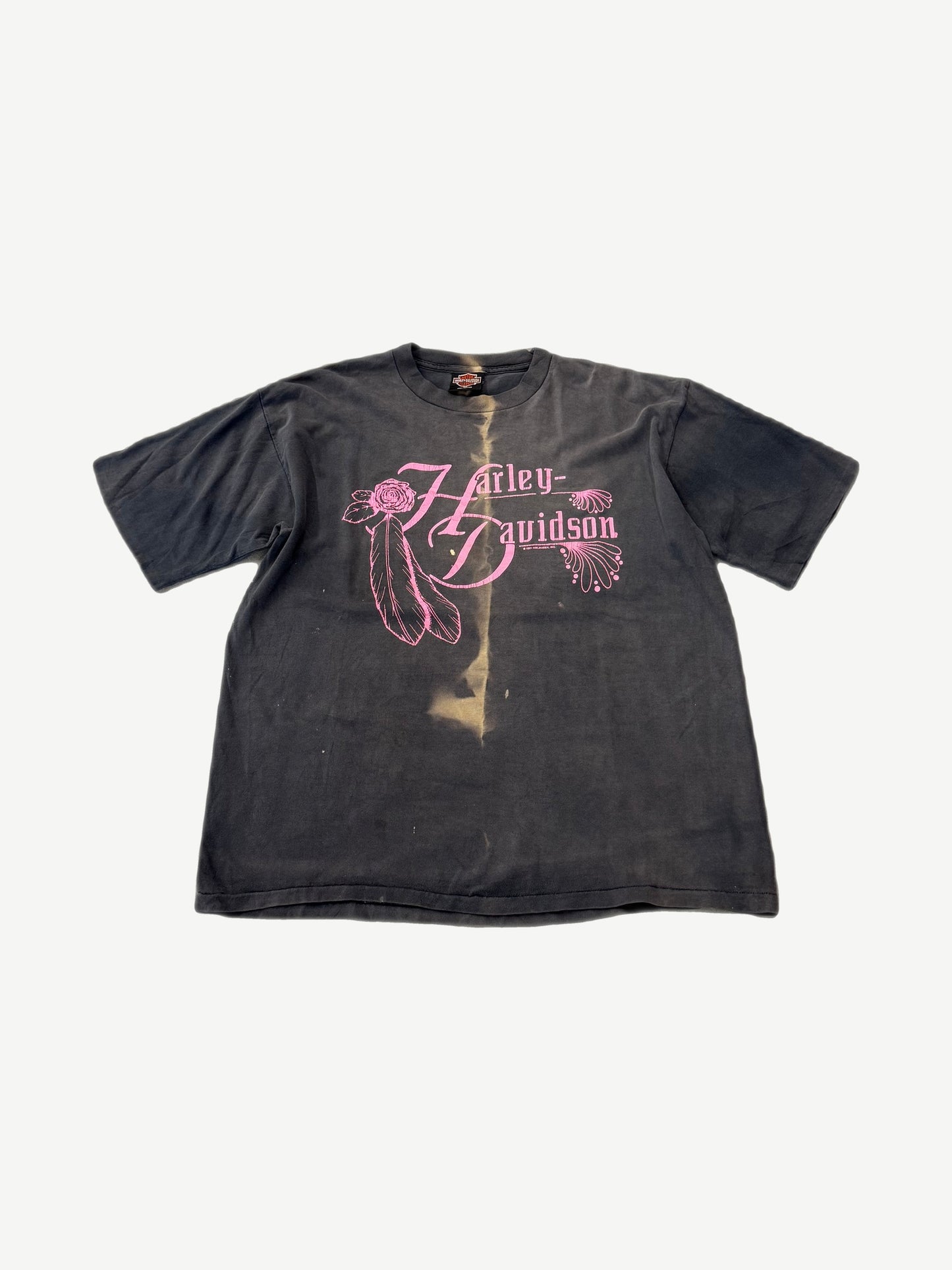 Vintage Harley Davidson Rose and Feathers tee in faded black with pink script logo and rose graphic.
