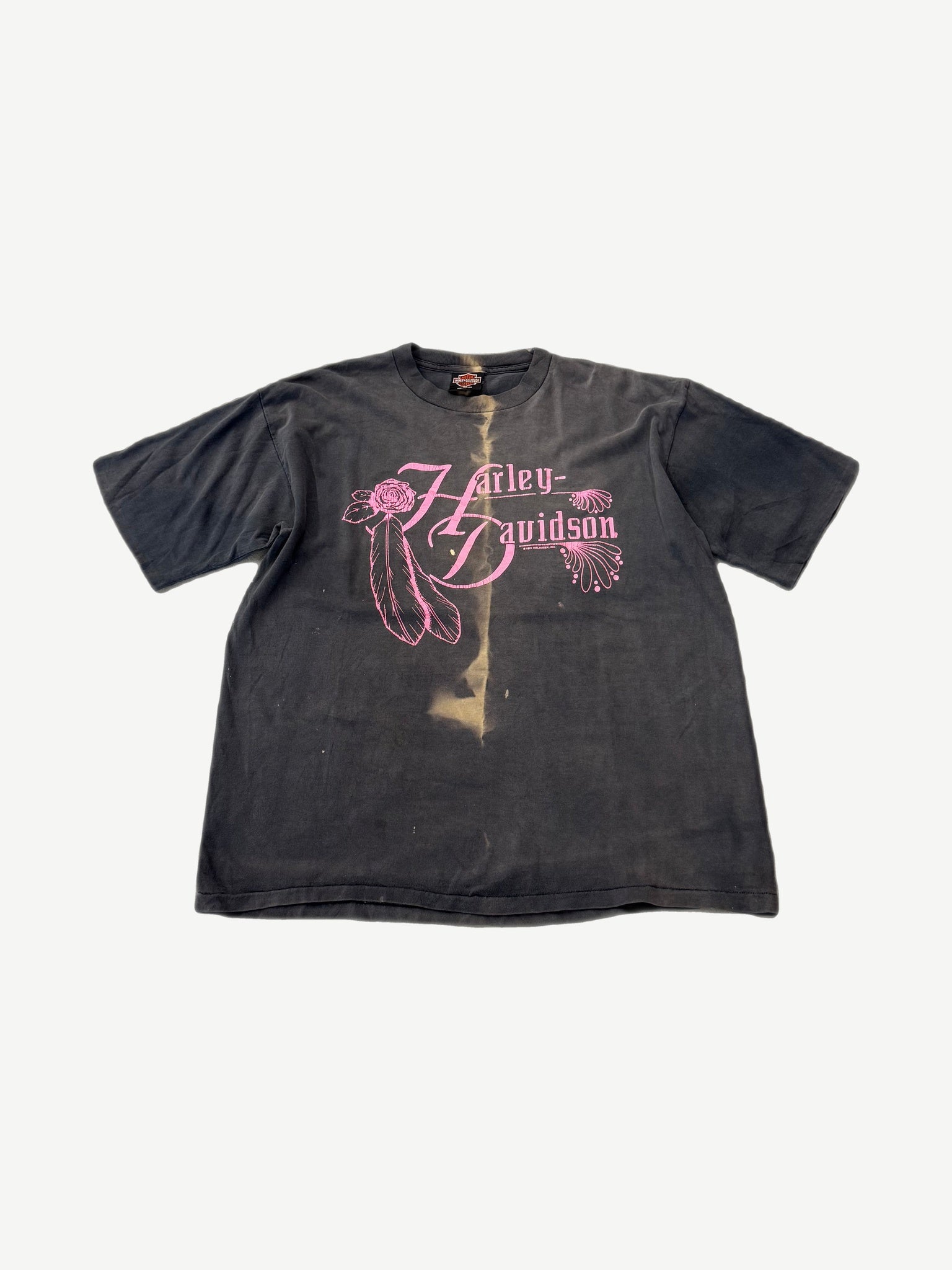 Vintage Harley Davidson Rose and Feathers tee in faded black with pink script logo and rose graphic.
