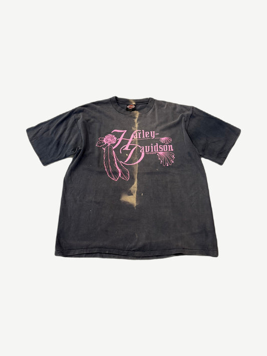 Vintage Harley Davidson Rose and Feathers tee in faded black with pink script logo and rose graphic.