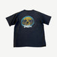 Vintage Metallica faded black tee back with Pushead yellow skull on teal circle and Sad But True ribbon banner.