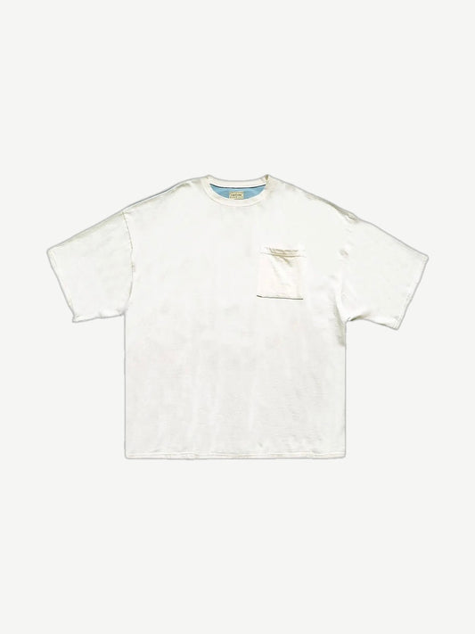 Kapital Bone 2 Tone pocket tee front view in cream with blue Country tag and chest pocket detail.